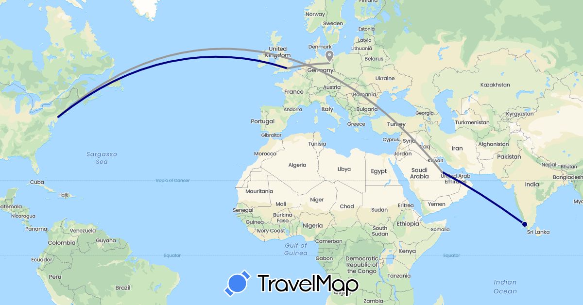 TravelMap itinerary: driving, plane in Germany, United Kingdom, India, Saudi Arabia, United States (Asia, Europe, North America)